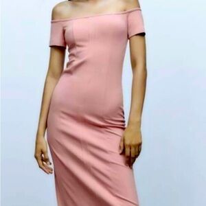 Zara Pink Bodycon Dress with Square Neck and Cap Sleeves NWT